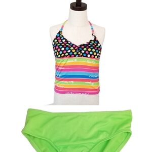 Candy Girl Medium Neon Green Halter Tankini w/ Stripes & Polka Dot Swimsuit